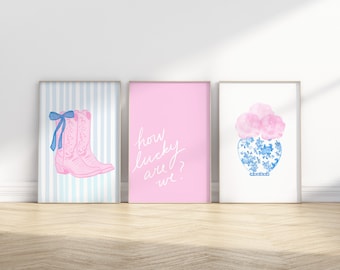 How Lucky Are We Blue and Pink Floral Bow Boots Trendy Wall Prints Coastal Dorm Decor for Digital Download