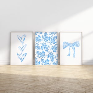 Blue Floral Pattern Bow and Hearts Trendy Wall Prints Coastal Dorm Decor for Digital Download