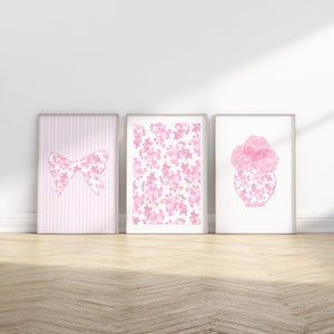 Pink Floral Pot Bow Trendy Wall Prints Coastal Dorm Decor for Digital Download