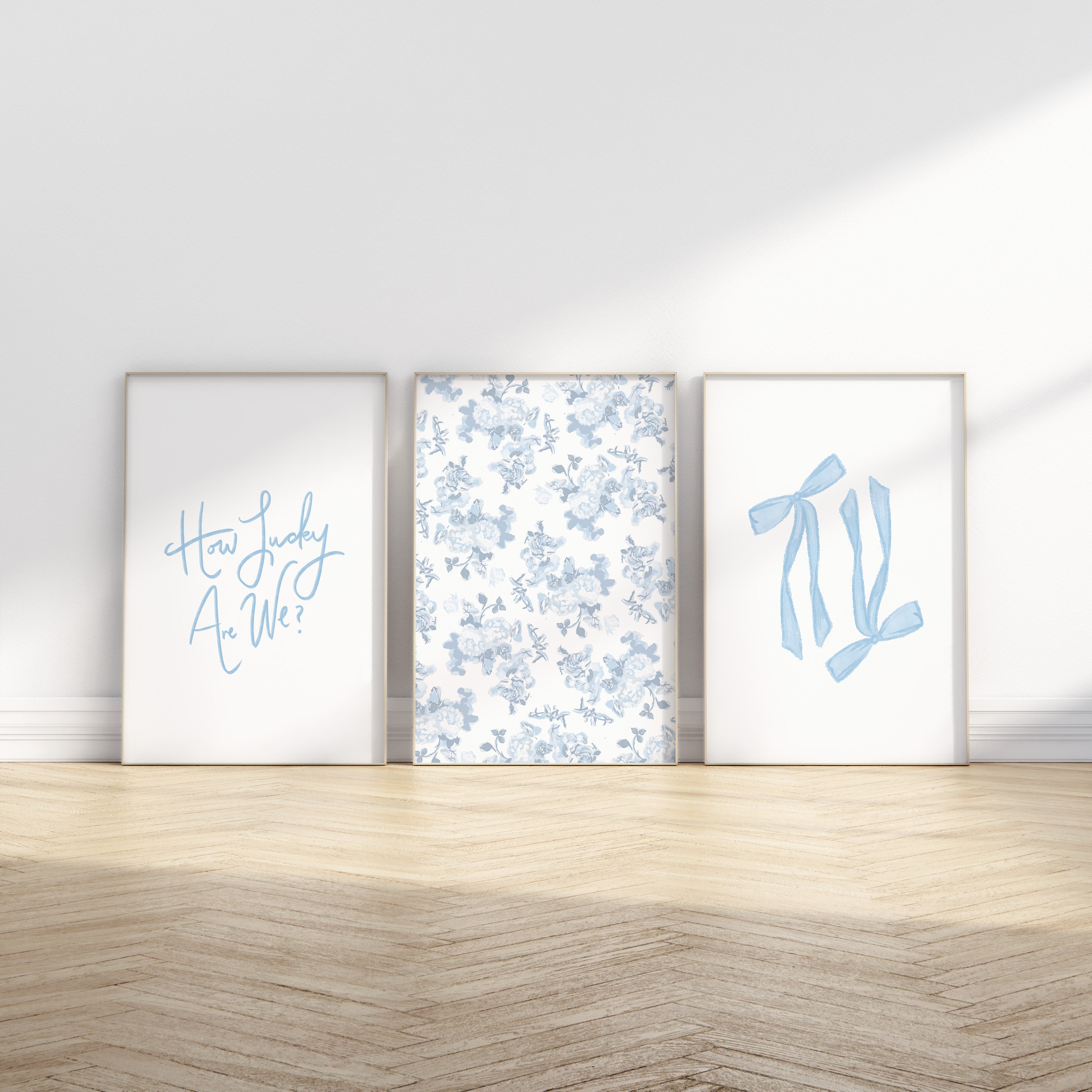 How Lucky Are We Blue Floral Bow Trendy Wall Prints Coastal Dorm Decor for Digital Download