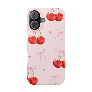 Slim Cases - Pink Cherries with Bows iPhone 16 Phone Case, Cute Protective Cover, Stylish Accessories, Trendy Tech Gear, Gift for Her