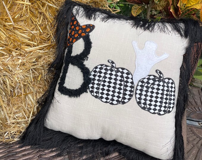Linen with chenilled, glow-in-the-dark BOO, fringed pillow