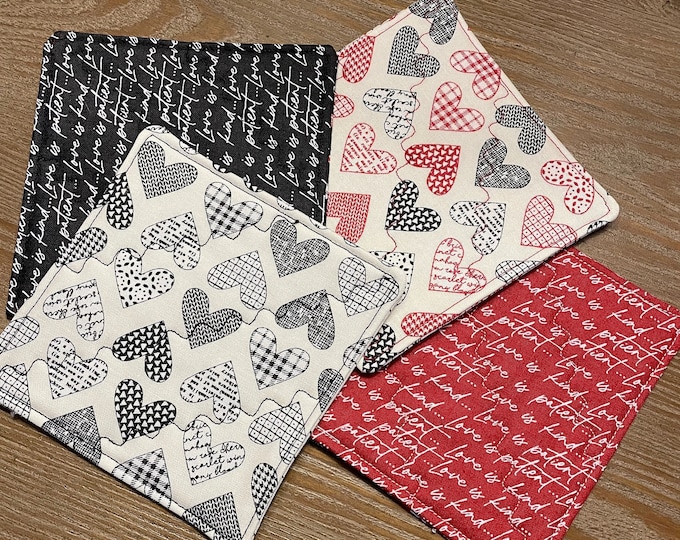 Fabric Valentine Coaster Set, Hearts and Script Design