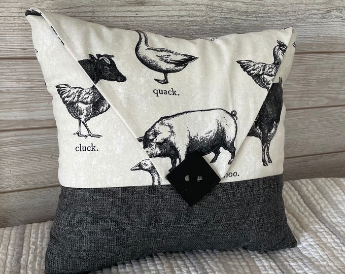 Modern farmhouse style, black and cream, farm animals, decorative throw pillow