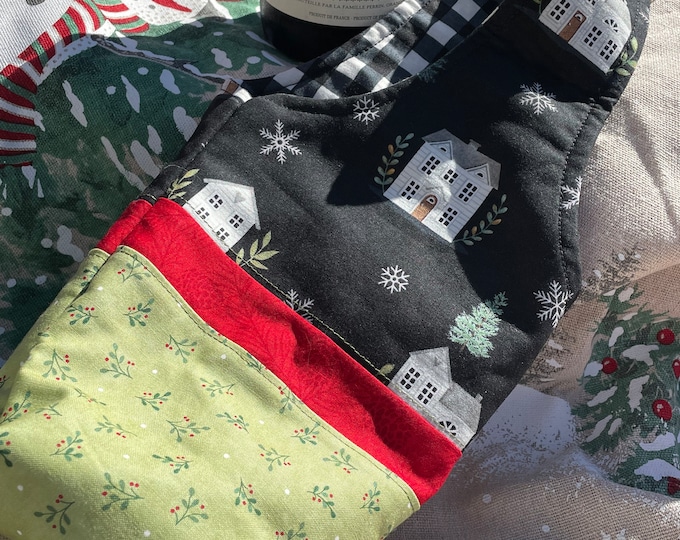 Holiday Bottle Tote: Handmade Wine Bag, Black, Green, and Checkered