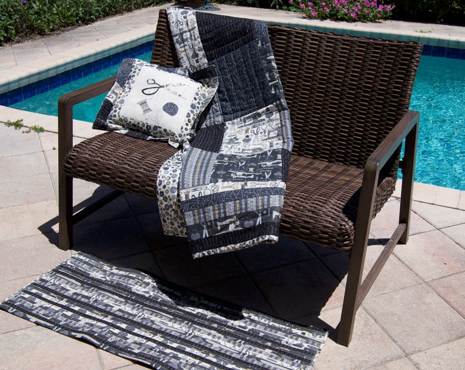 Black and gray, appliqued sewing notions, decorative pillow cover with removable pillow form