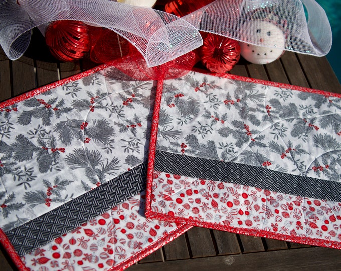 Silver Christmas Placemats, Silver Pine Placemats, Red and Silver Placemat set, Silver and Red Christmas Placemat set