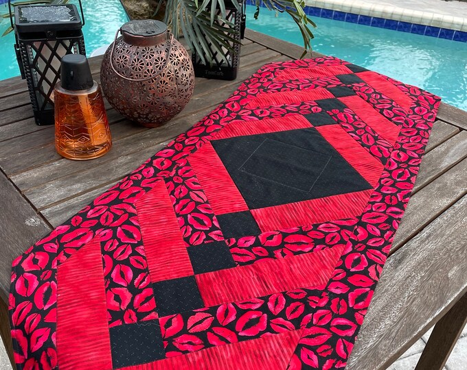 Valentine's Day Lips Table Runner, Quilted Red & Black Decor (42”x 15”)
