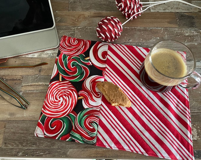Candy Cane Mug Rug, Holiday Mug Rug. Christmas Mug Rug