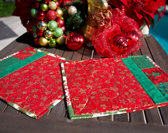 Red with gold stars and green accents, decorative holiday/Christmas table decor placemats