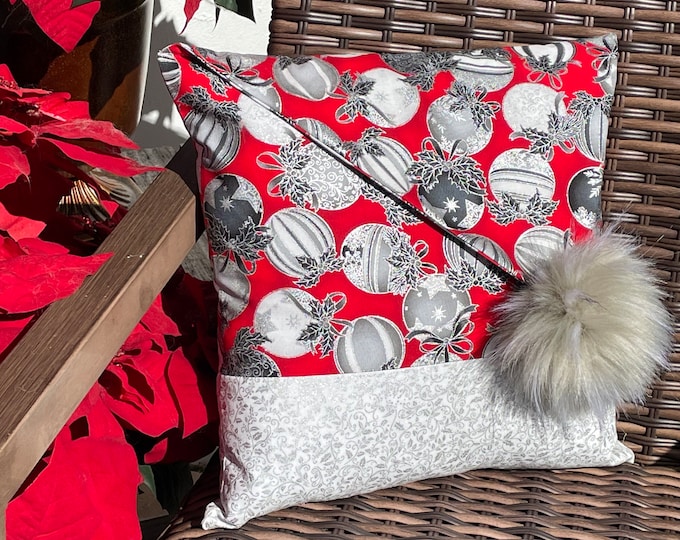 Decorative red and Silver Christmas ornament throw pillow with zipper bottom and removable pillow form