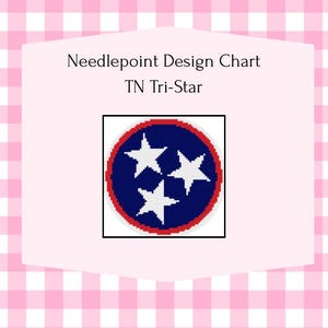 May include: Needlepoint design chart featuring the TN Tri-Star emblem. The design shows three white stars within a blue circle, framed by a red border. The background is a pink and white gingham pattern.