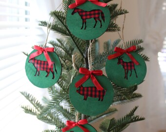 Green and Plaid Barnyard Wood Ornaments