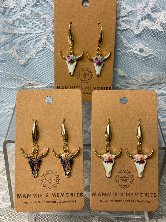 Enameled Cow Skull Earrings