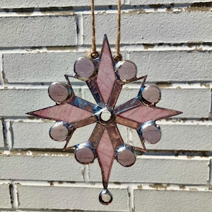 Glass Snowflake, Snowflake Ornament, Snowflake Gift, Pink Ornament, Vintage Snowflake, Handmade Gift, Art Gift, Vintage Art, Stained Glass