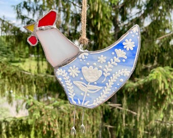 Handgeschilderd glas-in-lood kip zonnevanger, cadeau vogelliefhebber