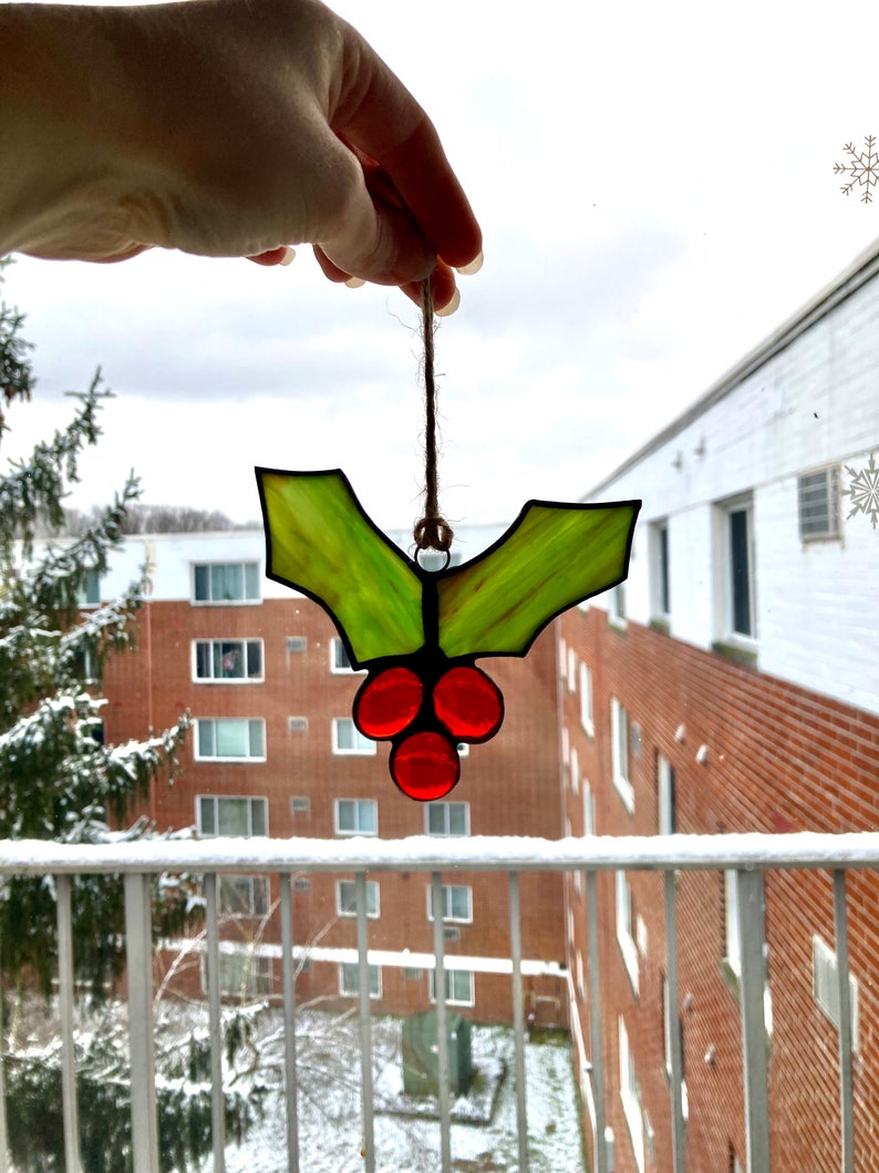 Stained Glass Holly Holly Glass Ornament Christmas Ornament Etsy