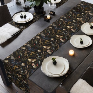 Dark Cottagecore Wildflower Table Runner with Moth and Goblincore Accents Fairycore Tablecloth Witchy Table