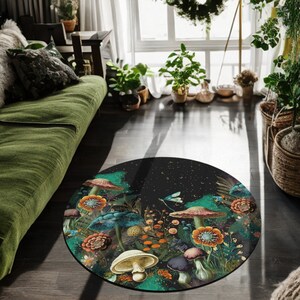 Mushroom Rug Round Mushroom Decor Goblincore Witchy Dark Cottagecore Rug Whimsigoth Rug Dark Academia Rug Mushroom Carpet Area Rug Gift
