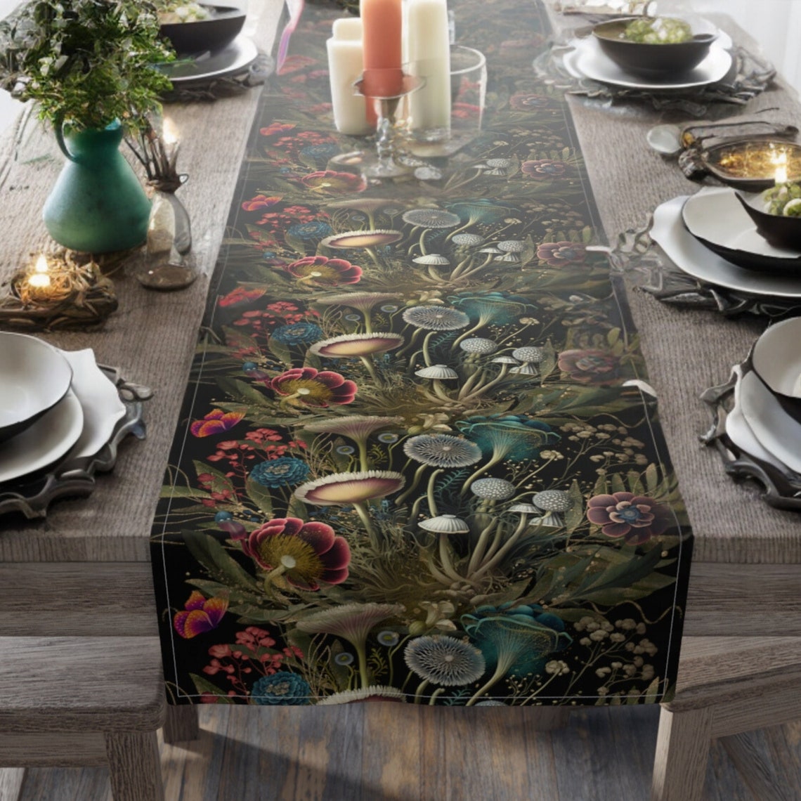 Dark Cottagecore Floral Mushroom Table Runner Goblincore - Etsy