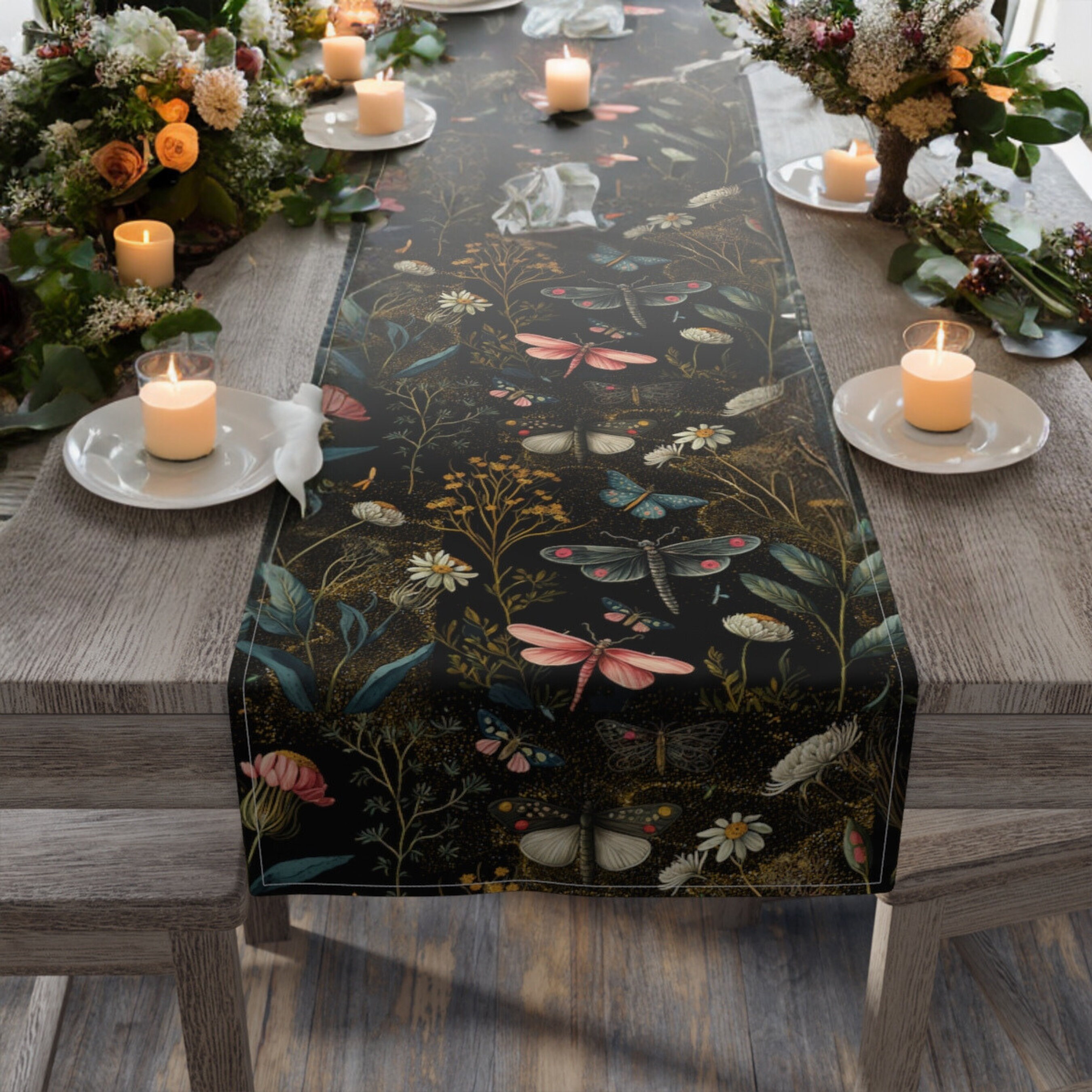 Dark Cottagecore Wildflower Table Runner With Moth and Goblincore Accents Fairycore Tablecloth ...
