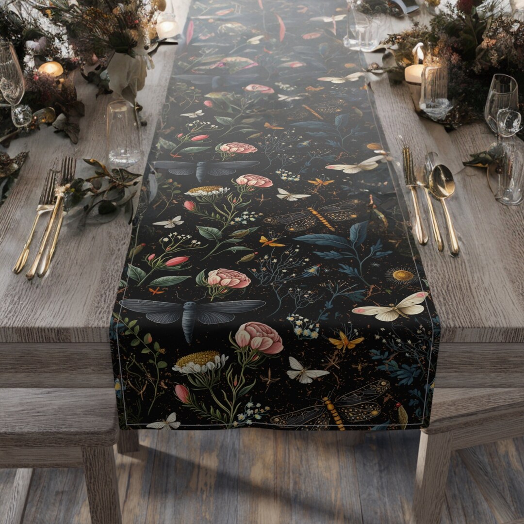 Dark Cottagecore Wildflower Table Runner With Moth and Goblincore Accents Fairycore Tablecloth ...