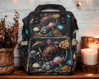 Mushroom Diaper Bag Goblincore Dark Cottagecore Baby Bag Floral Bag Witchy Gnome Diaper Backpack Flower Gift For New Mom Bag Fairycore