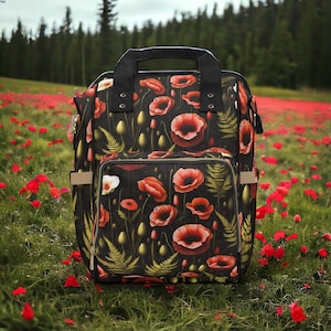 Dark Boho Distressed Poppy Flower Diaper Bag Multifunctional Floral Backpack for New Moms Dark Cottagecore Gift Goblincore Backpack