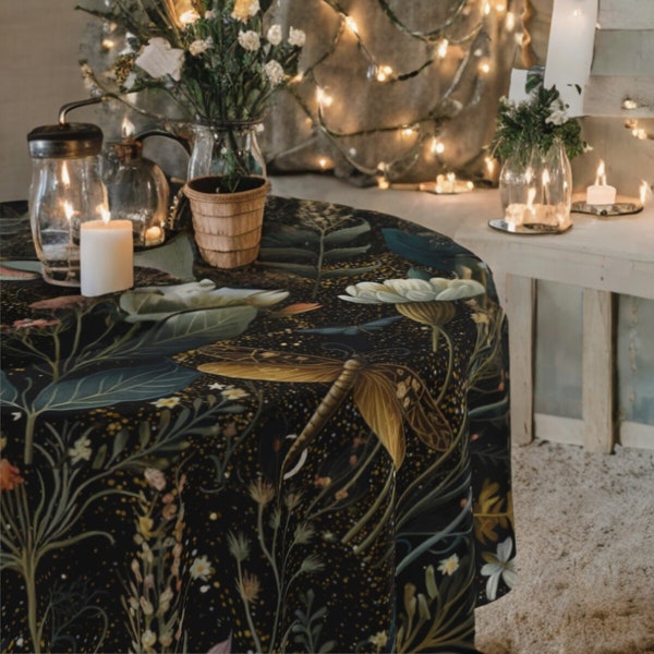 Whimsigoth Wildflower Tablecloth with Moth and Goblincore Accents Fairycore Table Cloth Witchy Table Dark Cottagecore Gift For Her Botanical