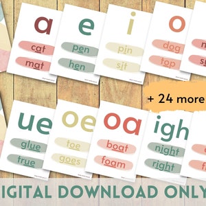 Flashcards para impressão, flashcards Phonics, neutros, sons de vogais curtas, sons de vogais longas, flashcards para educação em casa, aprendizagem em casa,