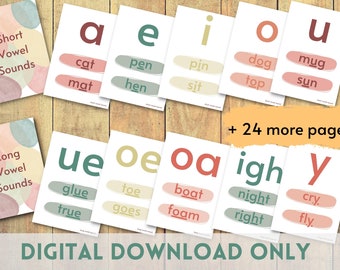 Op de afbeelding: Een set printbare flashcards voor het onderwijzen van korte en lange klinkergeluiden. De kaarten hebben kleurrijke aquarelachtige achtergronden met het klinkergeluid en voorbeeldwoorden. De tekst op de kaarten omvat "Korte klinkergeluiden", "Lange klinkergeluiden", "a", "e", "i", "o", "u", "ue", "oe", "oa", "igh", "y", "cat", "mat", "pen", "hen", "pin", "sit", "dog", "top", "mug", "sun", "glue", "true", "toe", "goes", "boat", "foam", "night", "right", "cry", "fly" en "+ 24 meer pagina's".