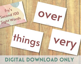 May include: Four white flash cards with red text. The cards have the words "over", "things", "very", and "Fry's Second 100 Sight Words".