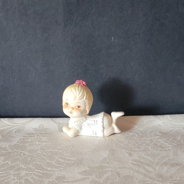 Vintage Ceramic Miniature Doll Baby Girl Pink Bow White/Red Dress Collectible Figurine