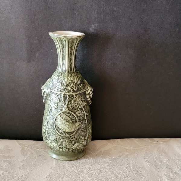 Vintage Ceramic Small Green Vase Floral Bird Grapes Very Unique 7" Tall