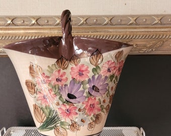Vintage Pottery Basket Floral Design Brown Vase One of Kind Unique Home Decor Floral Vase