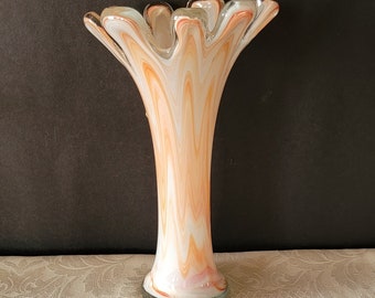 Vintage Hand Blown Glass Swirl Orange Vase Stretch Vase Ruffle Opening Unique Made in Mexico