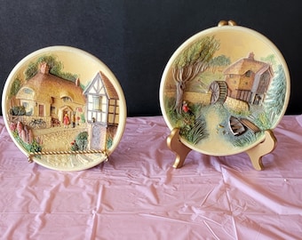 Pair of Hand Painted Vintage Wall Plaques by Bossons Congleton England Chalk Ware 3D 8 Inches Collective Wall Plates Plaques