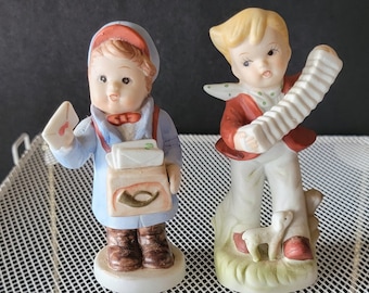 Vintage Hummel Like Figurines Boy With Mail Boy with Accordion Ceramic Figurines Set of 2