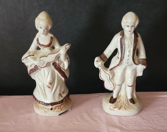 Vintage Pair of Porcelain Figurines Man and Woman Playing Instruments Glossy Finish Vintage Home Decor