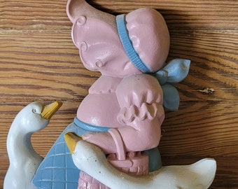 Vintage Burwood Girl in Bonnet Geese Plastic Wall Plaque 1988 Mother Goose Wall Hanging Nursery Decor
