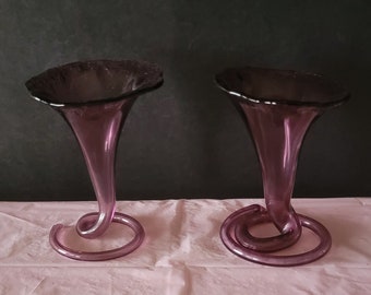 Pair of Vintage Purple Hand Blown Glass Vase Flower Vase Unique Vases Jack in the Pulpit Morning Glory Vases