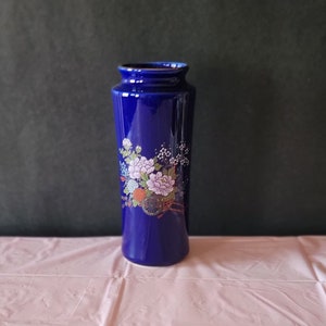 Vintage Cobalt Blue Asian Vase Gold-Trim Floral Design Vase