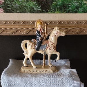 Vintage Boy on Carousel Holding Teddy Bear Ceramic Figurine Hand Painted Unique Carousel