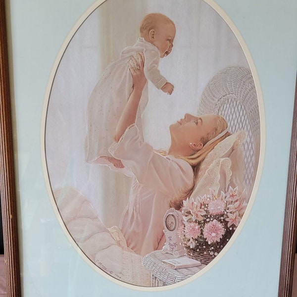 Vintage Framed Art Print by C. Wray 1984 Mother Holding Baby With White Gown Nursery Wall Decor Interior Decor Vintage Wall Hanging