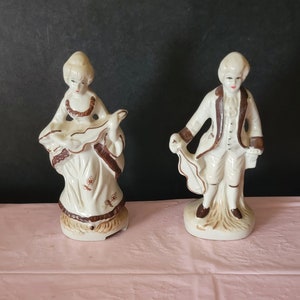 Vintage Pair of Porcelain Figurines Man and Woman Playing Instruments Glossy Finish Vintage Home Decor