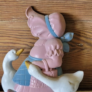 Vintage Burwood Girl in Bonnet Geese Plastic Wall Plaque 1988 Mother Goose Wall Hanging Nursery Decor