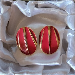 Vintage Gold Tone Red Enamel Oval Stud Earrings Vintage Costume Jewelry
