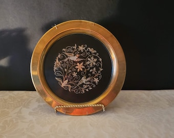 Vintage Brass Floral Bird Plate, Solid Brass Decorative Plate, Brass Etched Enamel Plate, Made in USA, Vintage Home Decor