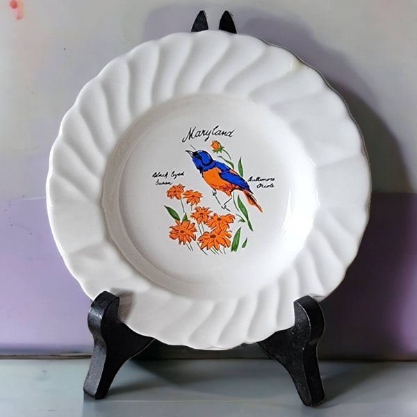 Vintage Maryland Souvenir Ceramic Ashtray Black Eyed Susan Baltimore Oriole Swirl Edge 2 Inlays Collectible Tobacciana Table Decor Gift