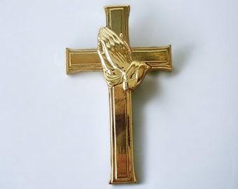 Vintage Homco Burwood Plastic Cross with Praying Hands Wall Plaque 3265 Wall Hanging Christian Wall Decor Made in USA Gold Interior Decor